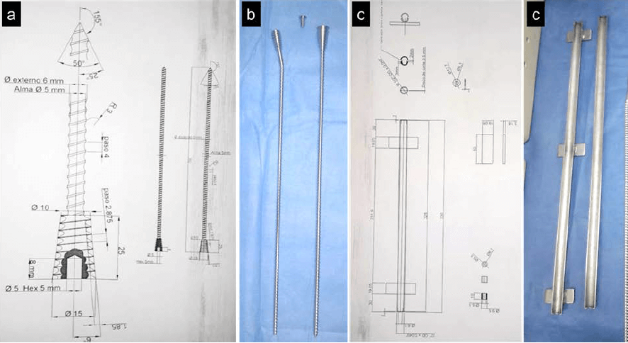 Figura 1. Diseño del clavo medicado y sus ejemplares ya manufacturados para tibia y fémur (a y b). Diseño de la cánula para colocación del cemento y su ejemplar manufacturado (c)
