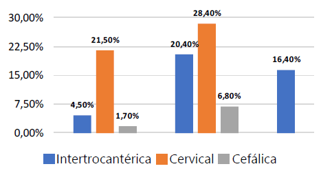 Gráfica 1. Características según el trazo de fractura proximal de femur. Clasificacion AO Müller